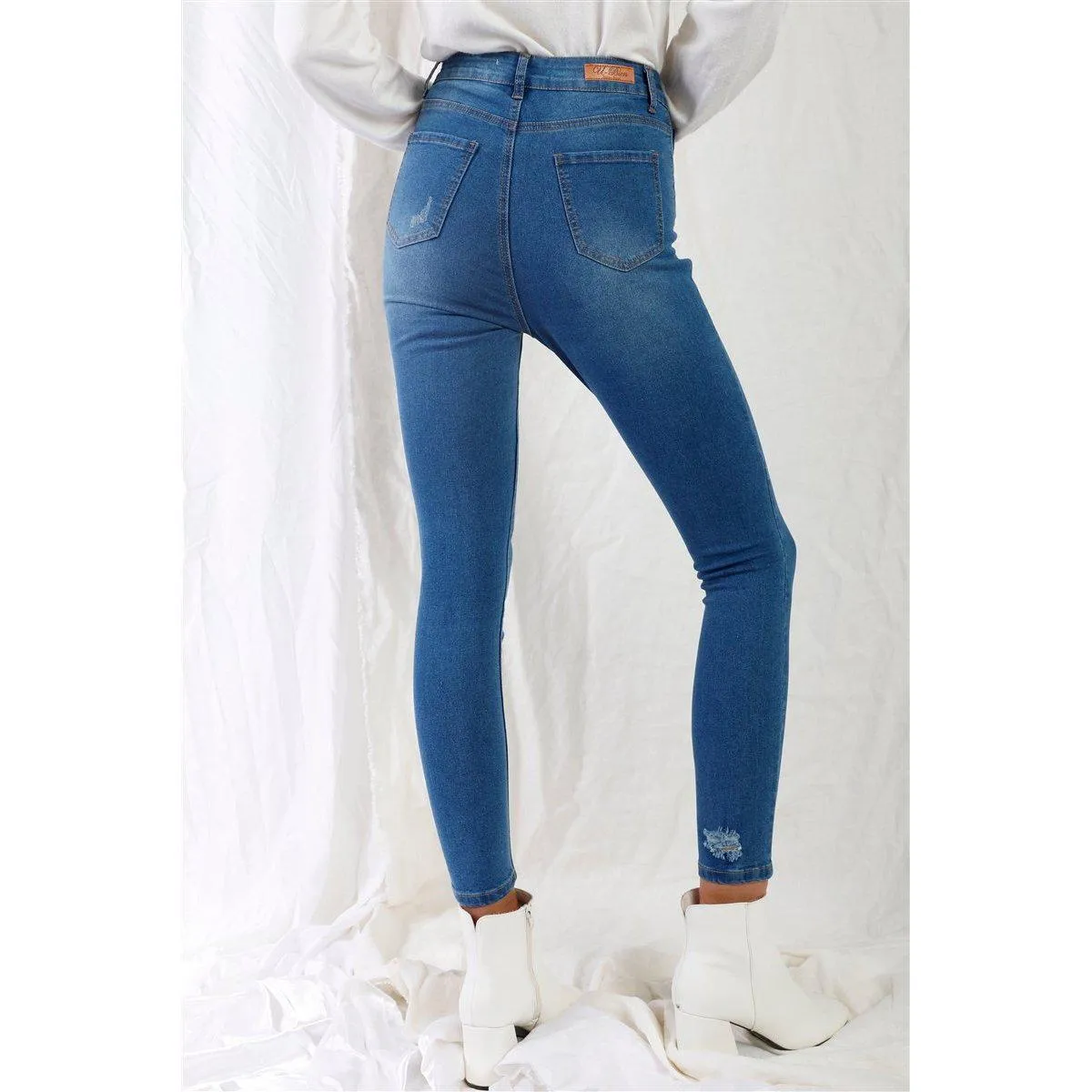 Mid Blue High-waisted With Rips Skinny Denim Jeans