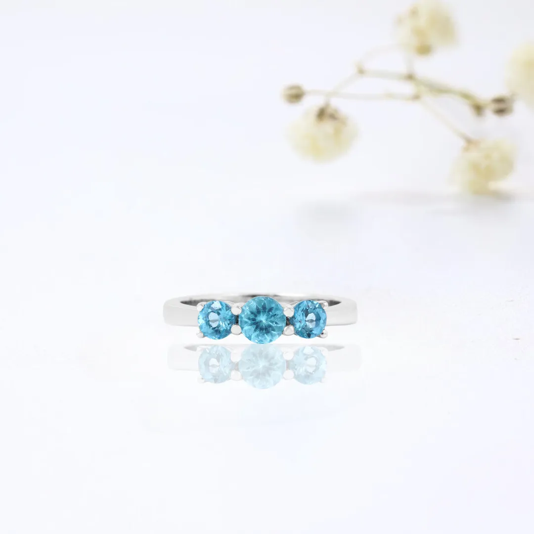 Natural Blue Paraiba Apatite Three Stone Ring