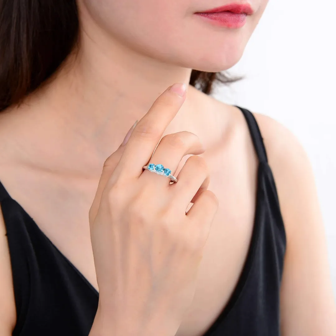 Natural Blue Paraiba Apatite Three Stone Ring