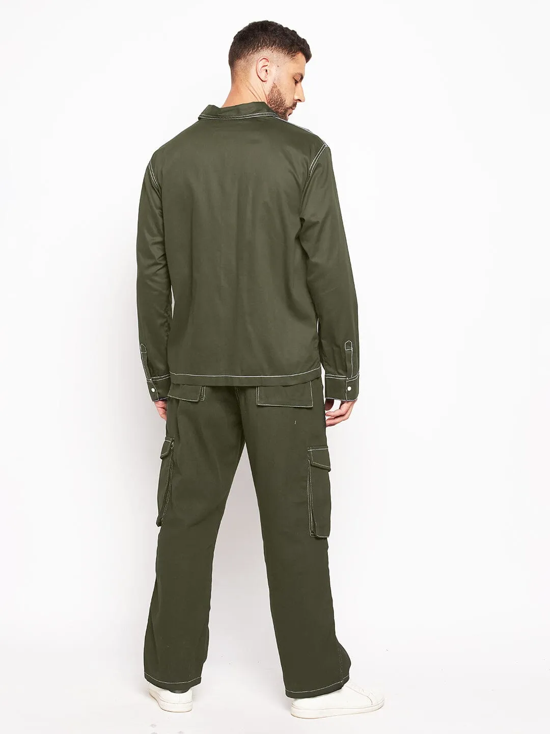 Olive Contrast Stitch Shirt and Cargo Pants Clothing Set