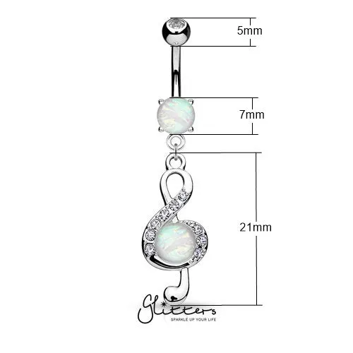 Opal Glitter Center Crystal Paved Treble Clef Dangle Belly Button Navel Ring-Silver