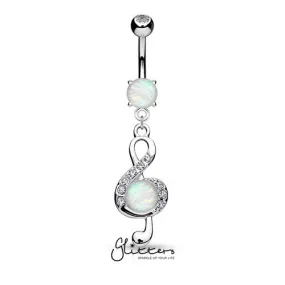 Opal Glitter Center Crystal Paved Treble Clef Dangle Belly Button Navel Ring-Silver