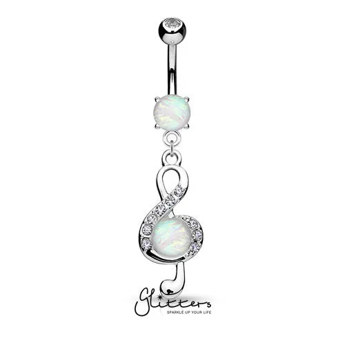 Opal Glitter Center Crystal Paved Treble Clef Dangle Belly Button Navel Ring-Silver