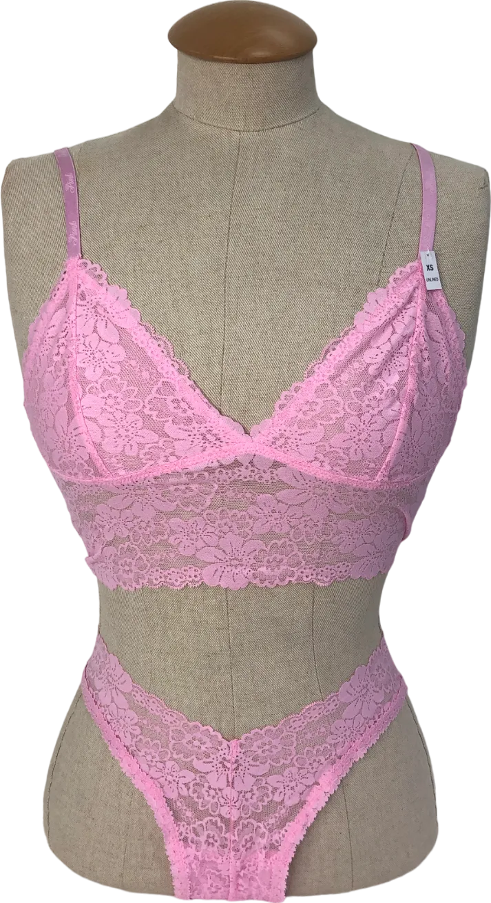 Pink Pink Lace Bralette And Brazillian Strappy Thong UK XS