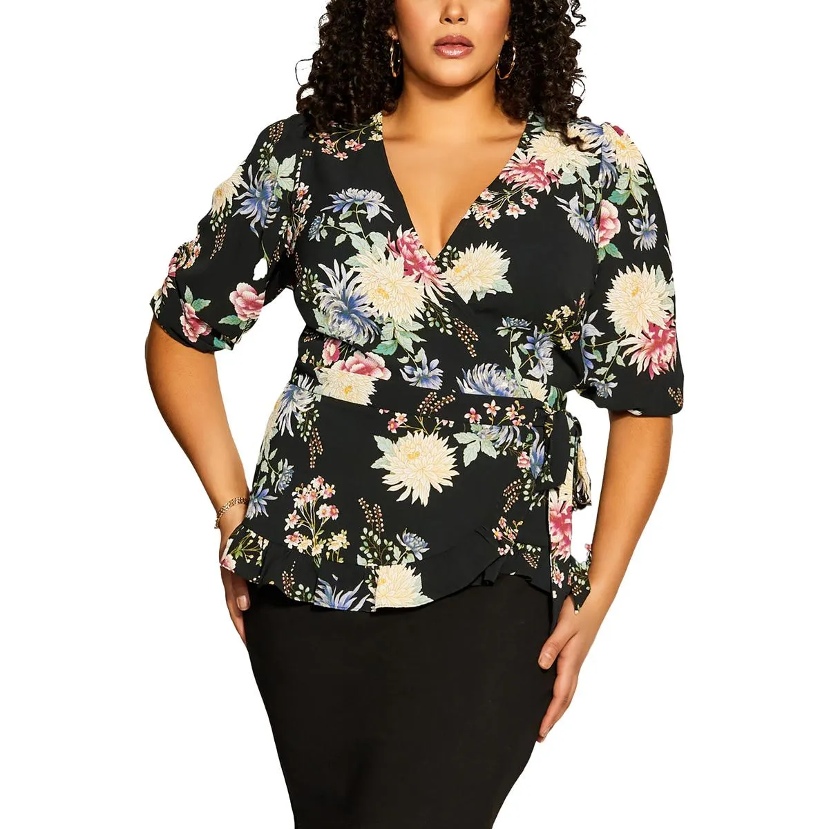 Plus Womens Floral Print Polyester Wrap Top