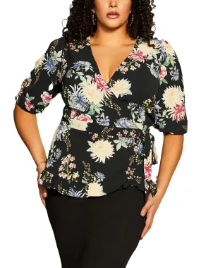 Plus Womens Floral Print Polyester Wrap Top