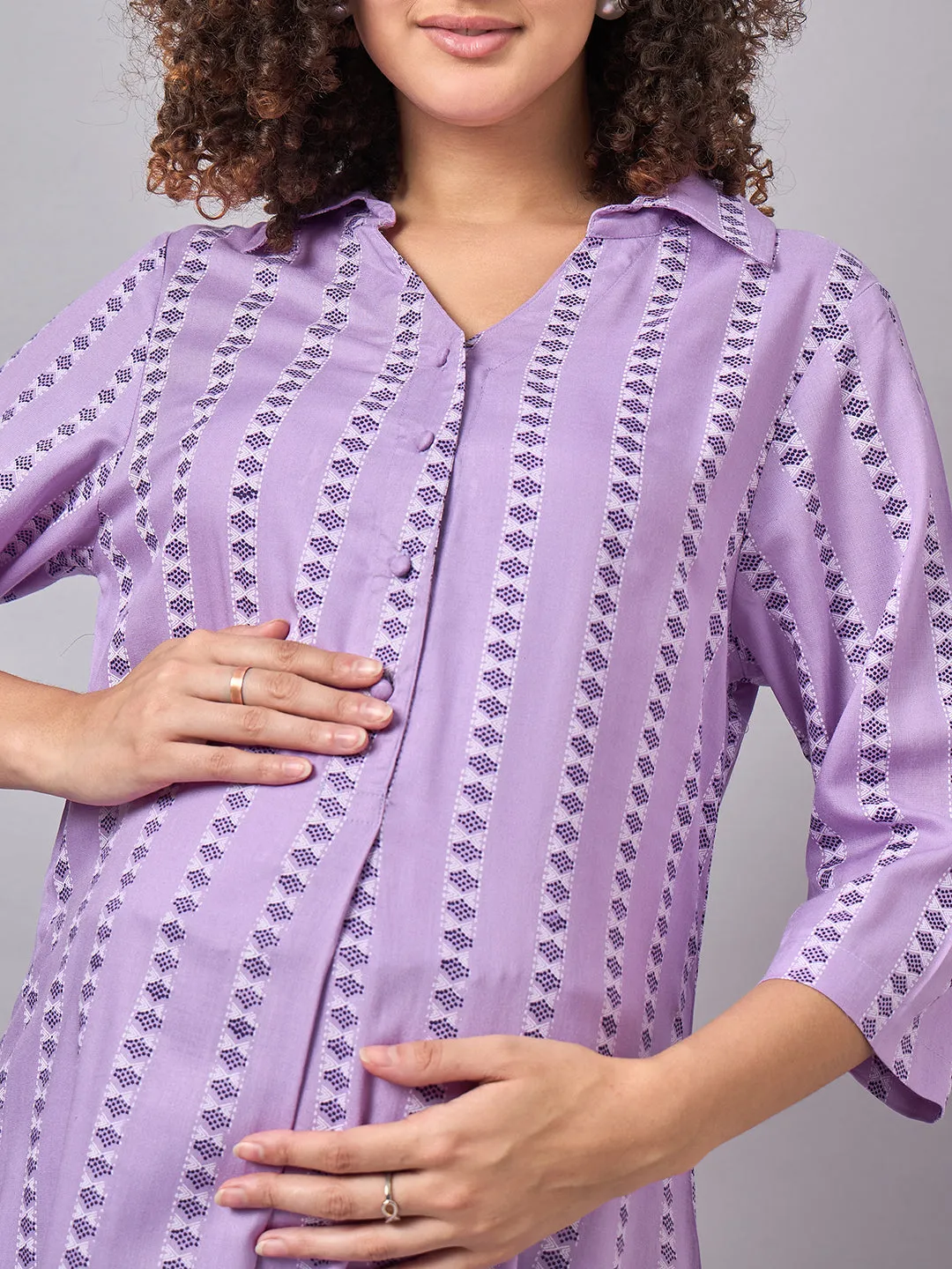 Purple Color Shirt Collar Maternity & Nursing Kurta Set