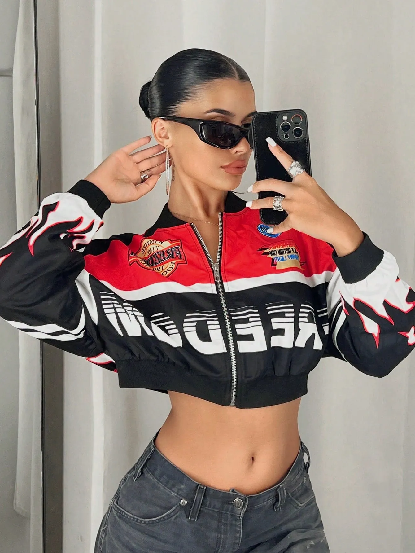 Racer Colorblock Crop Bomber Jacket