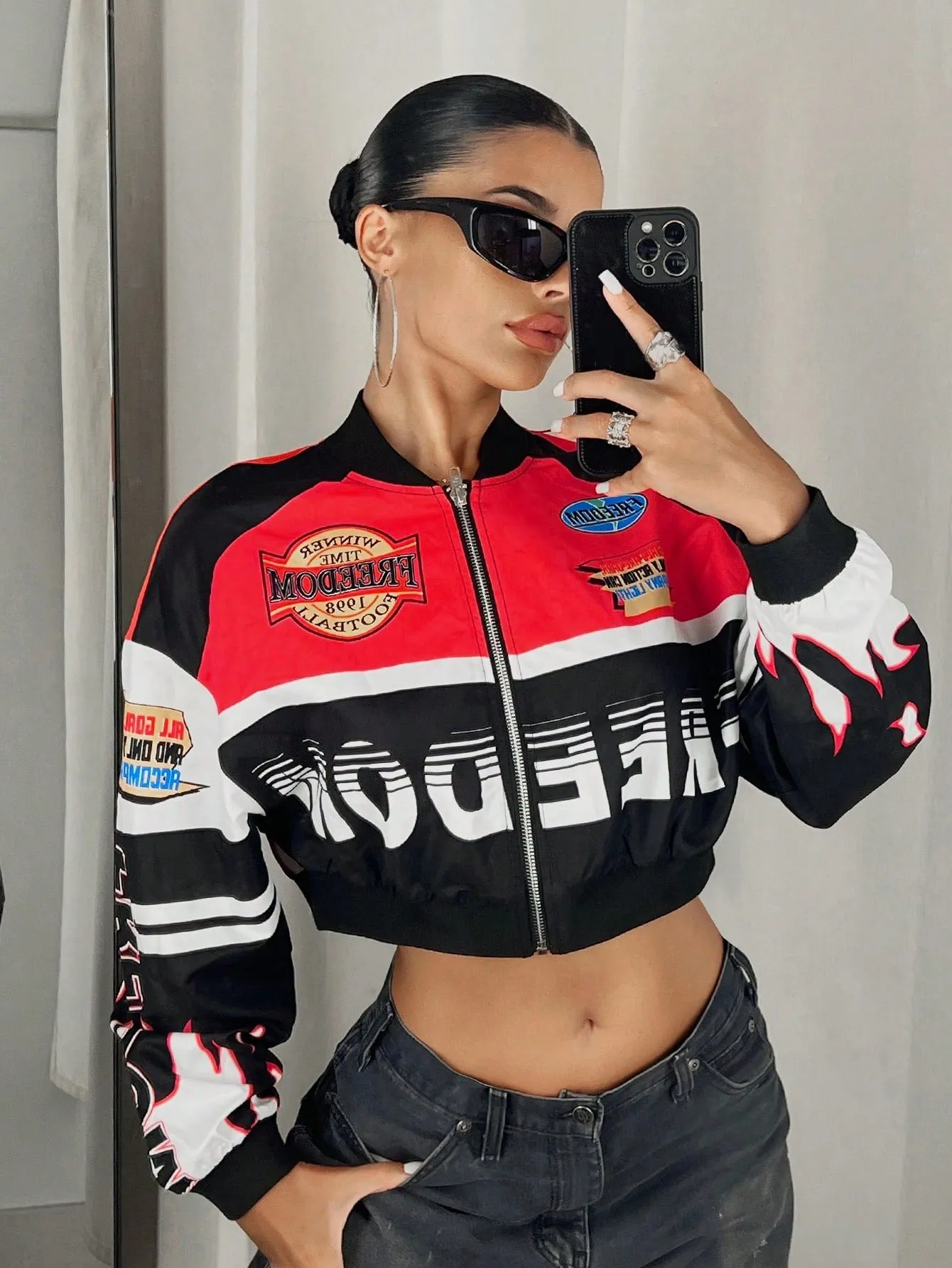 Racer Colorblock Crop Bomber Jacket