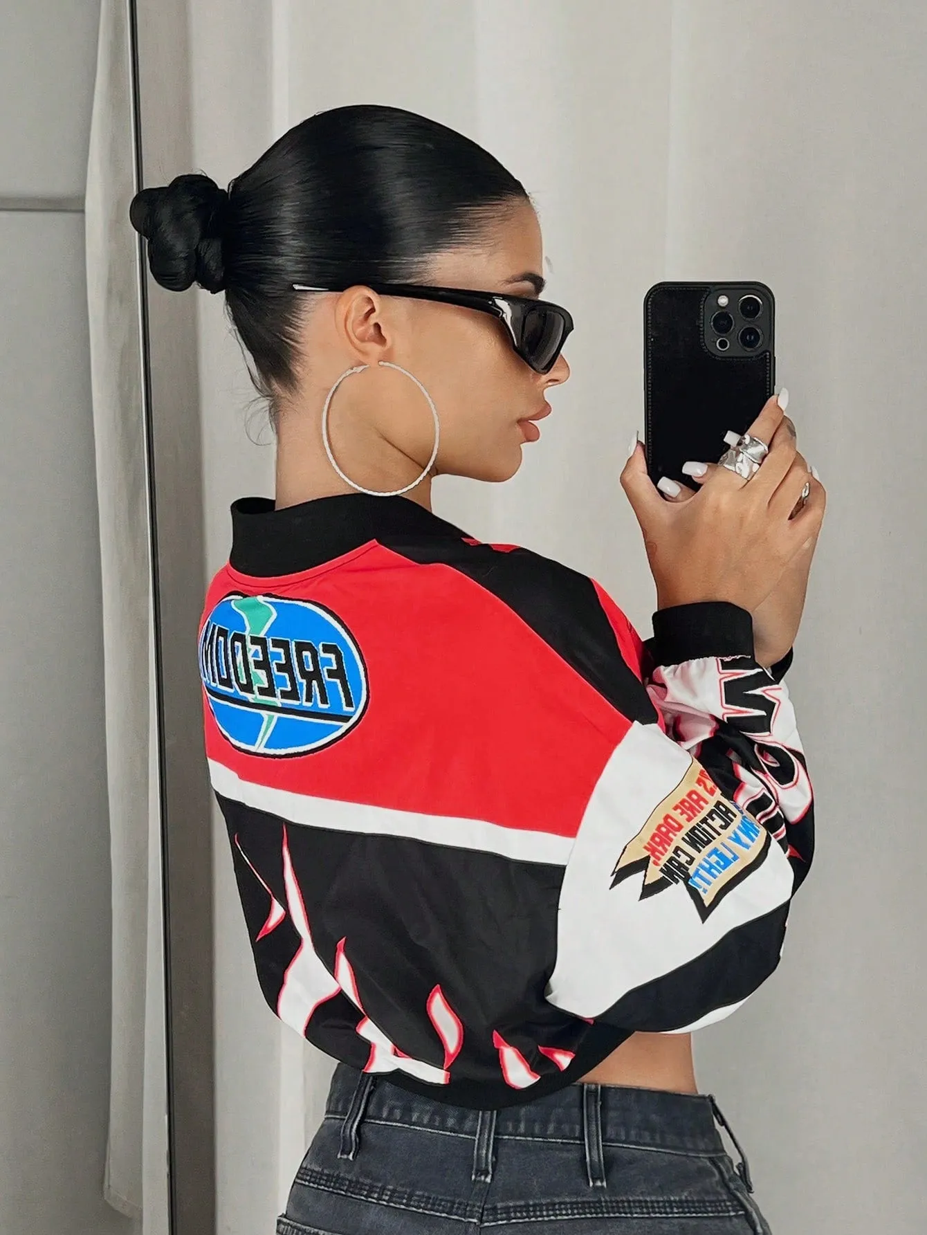 Racer Colorblock Crop Bomber Jacket