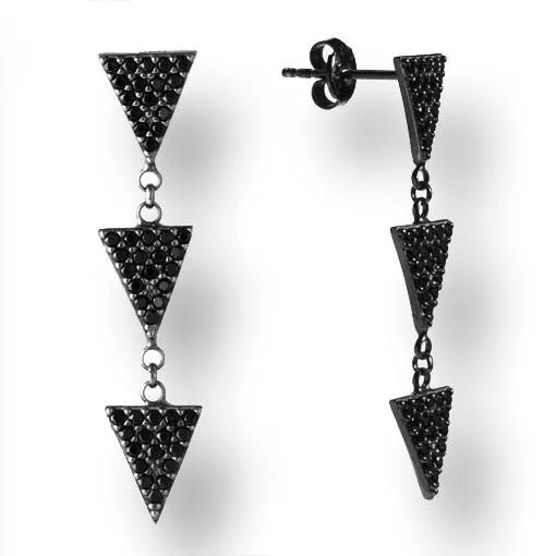 Rhodium Plated Silver Earrings With Black Cubic Zirconia 3 Triangles