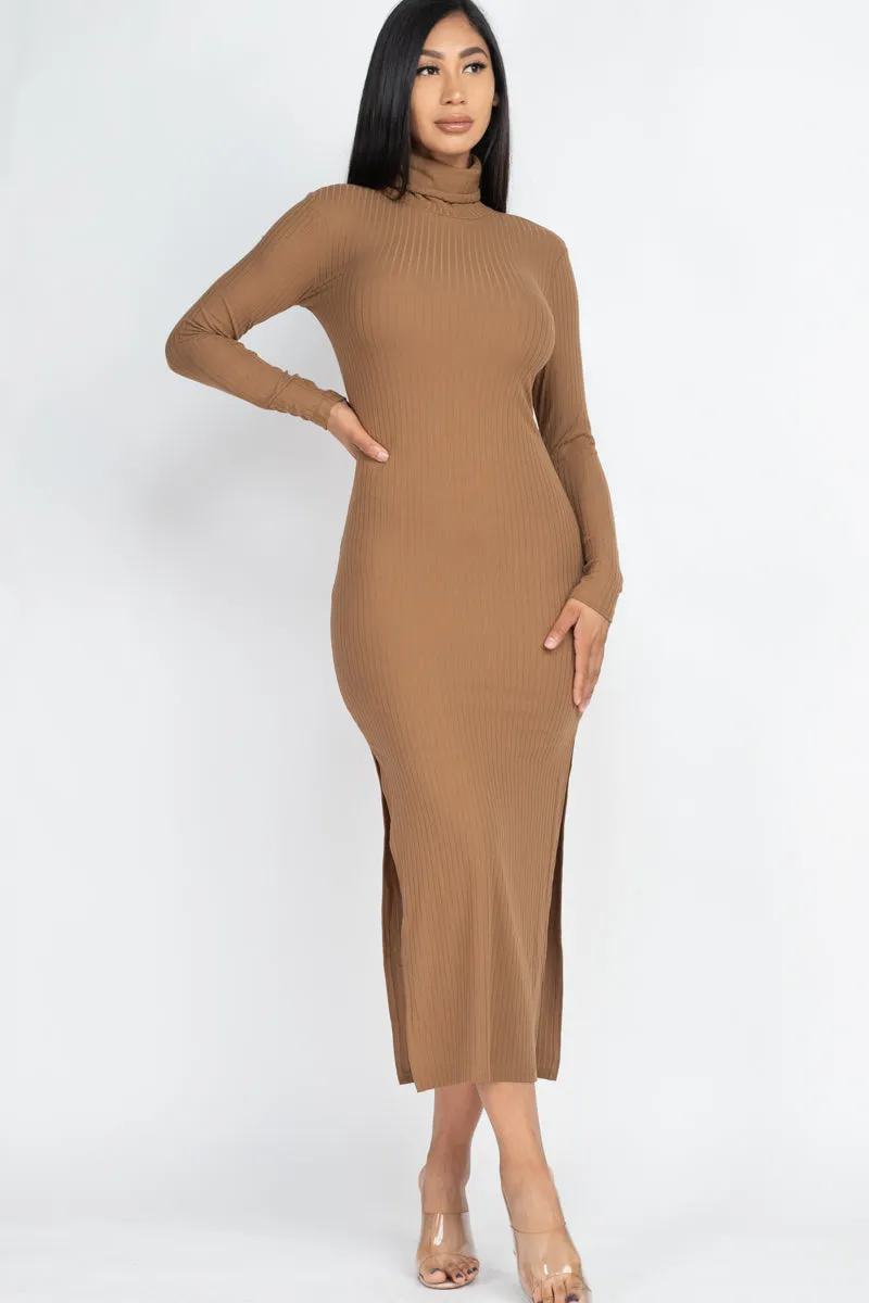 Ribbed Turtle Neck Side Slit Maxi Dress