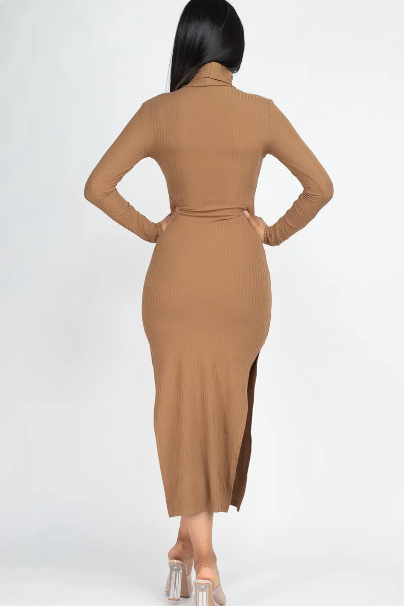 Ribbed Turtle Neck Side Slit Maxi Dress