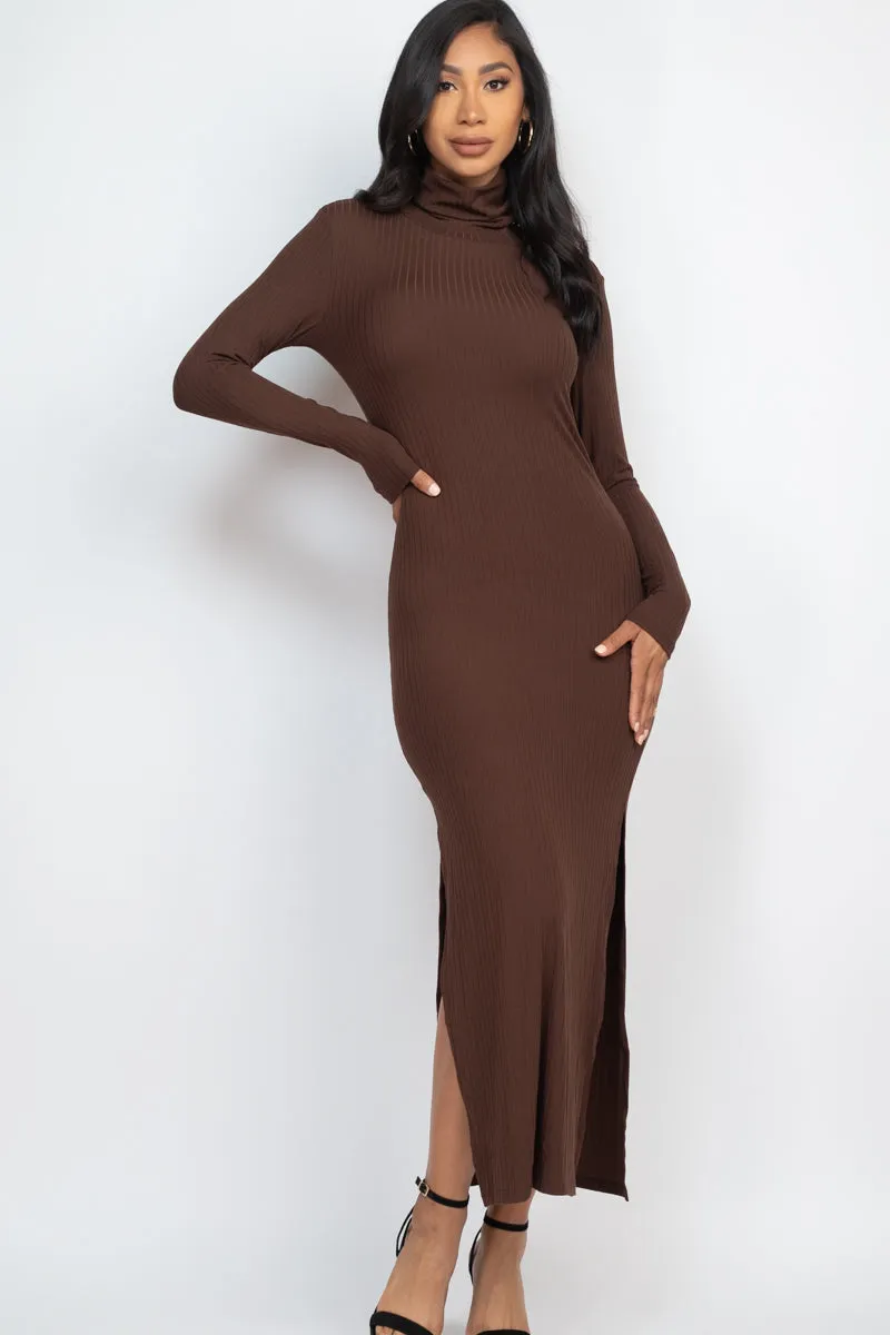 Ribbed Turtle Neck Side Slit Maxi Dress