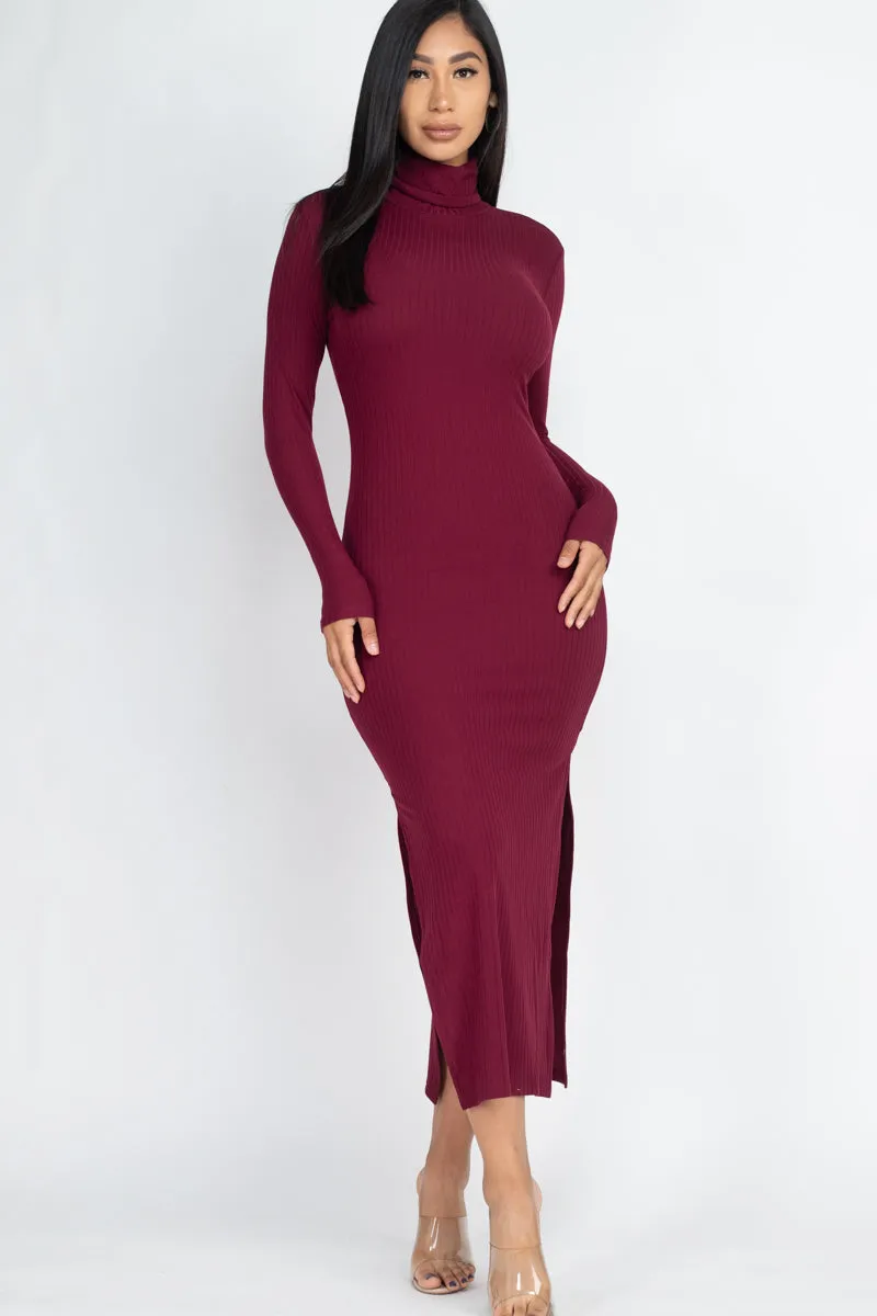 Ribbed Turtle Neck Side Slit Maxi Dress