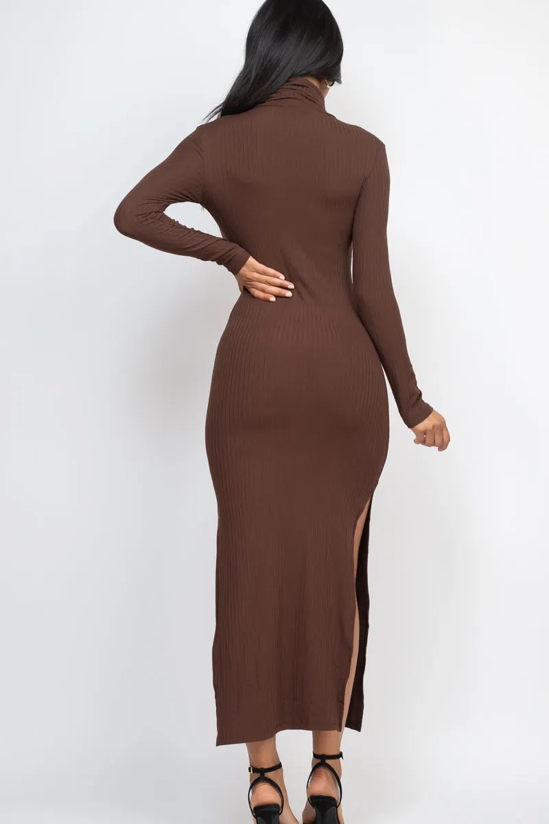 Ribbed Turtle Neck Side Slit Maxi Dress