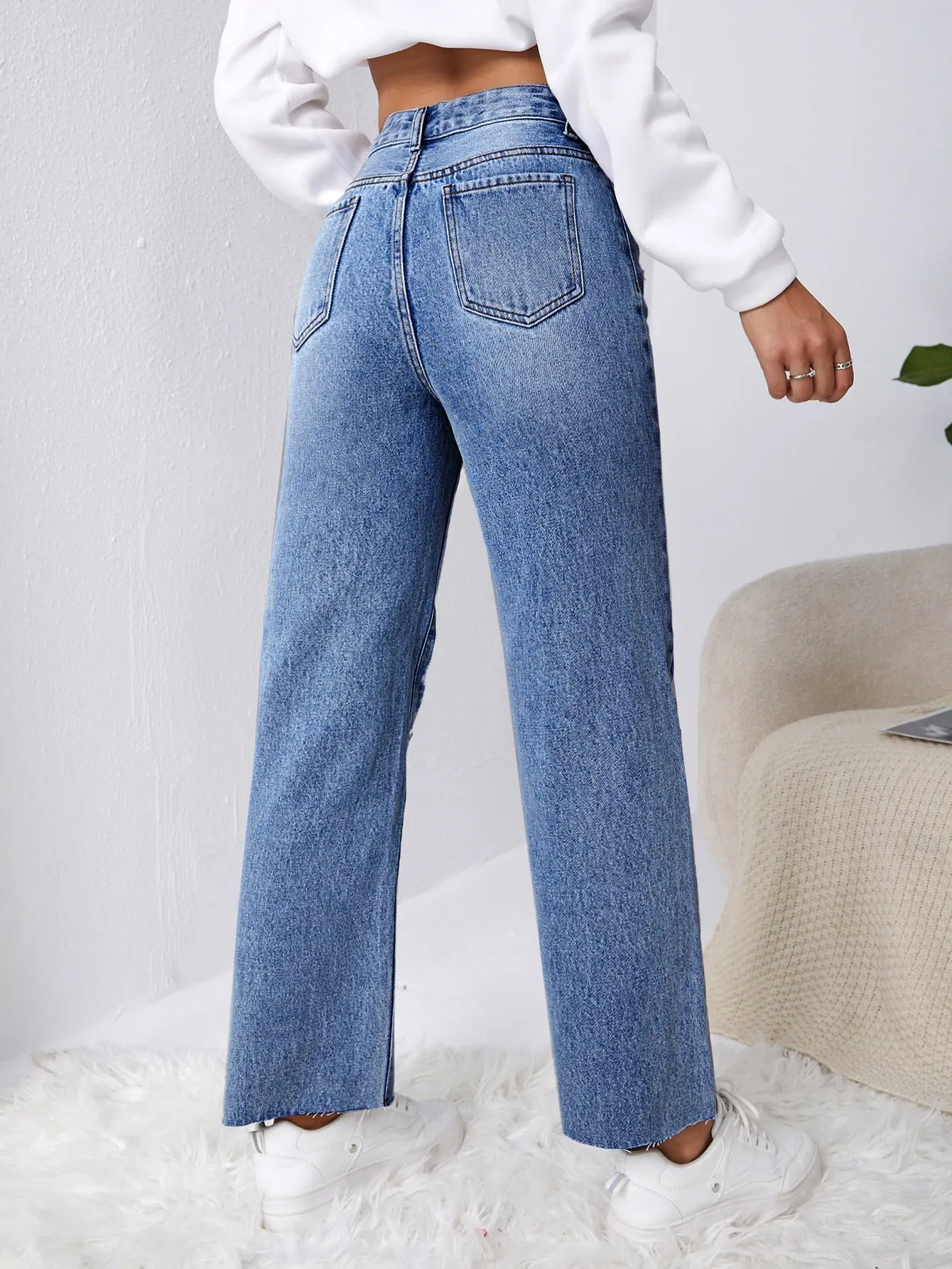 Ripped Raw Cut Straight Leg Jeans