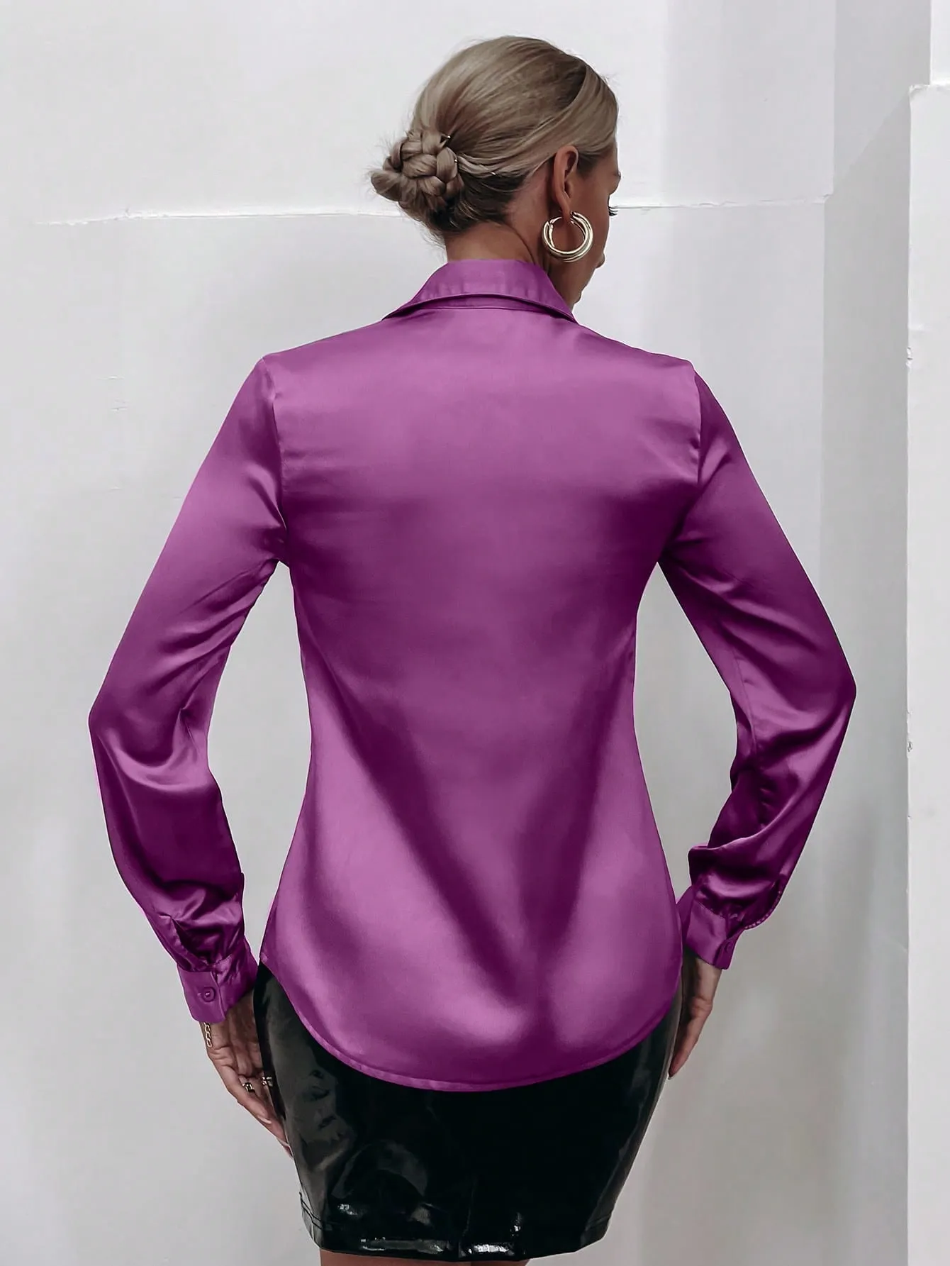 Satin Solid Button Front Shirt