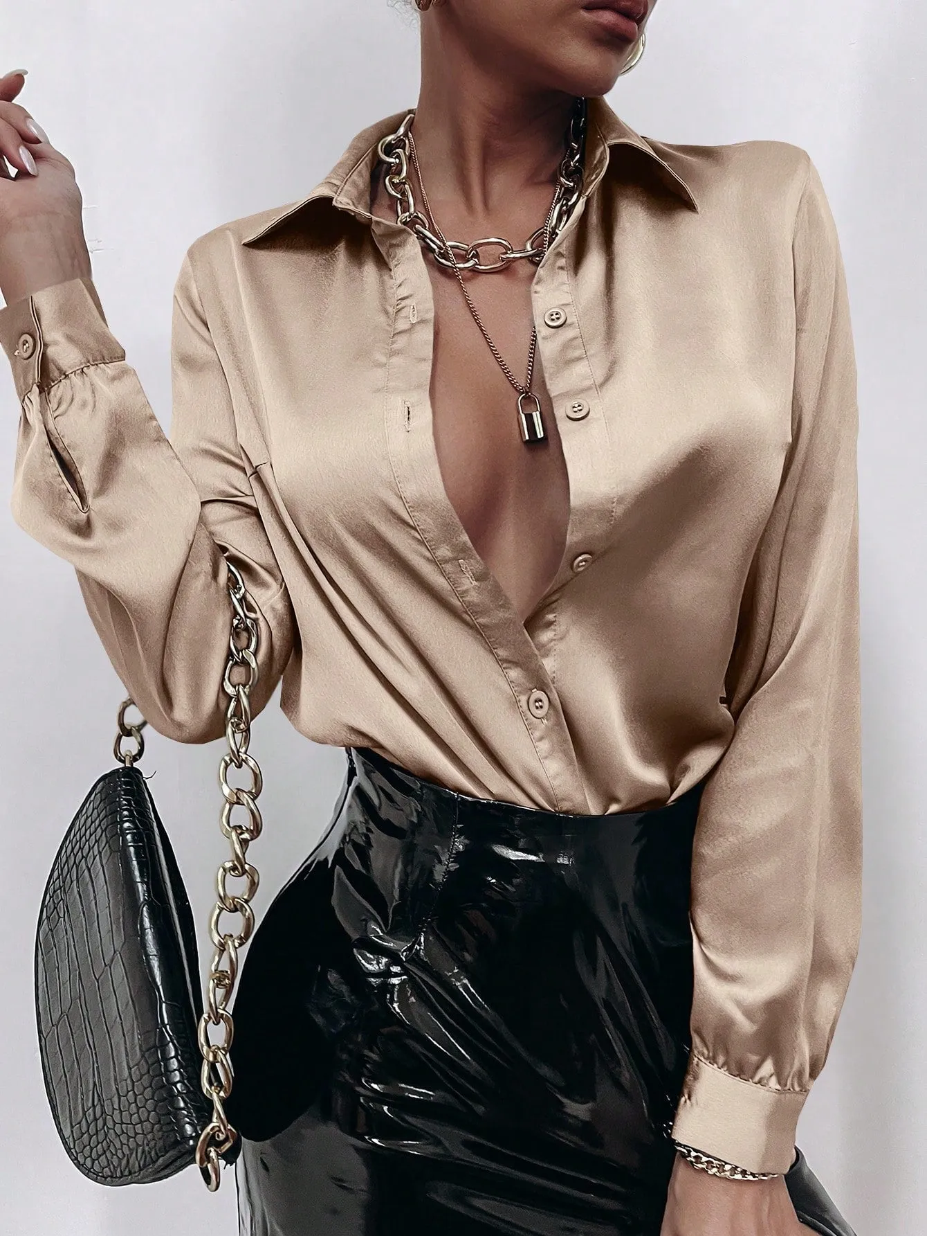 Satin Solid Button Front Shirt