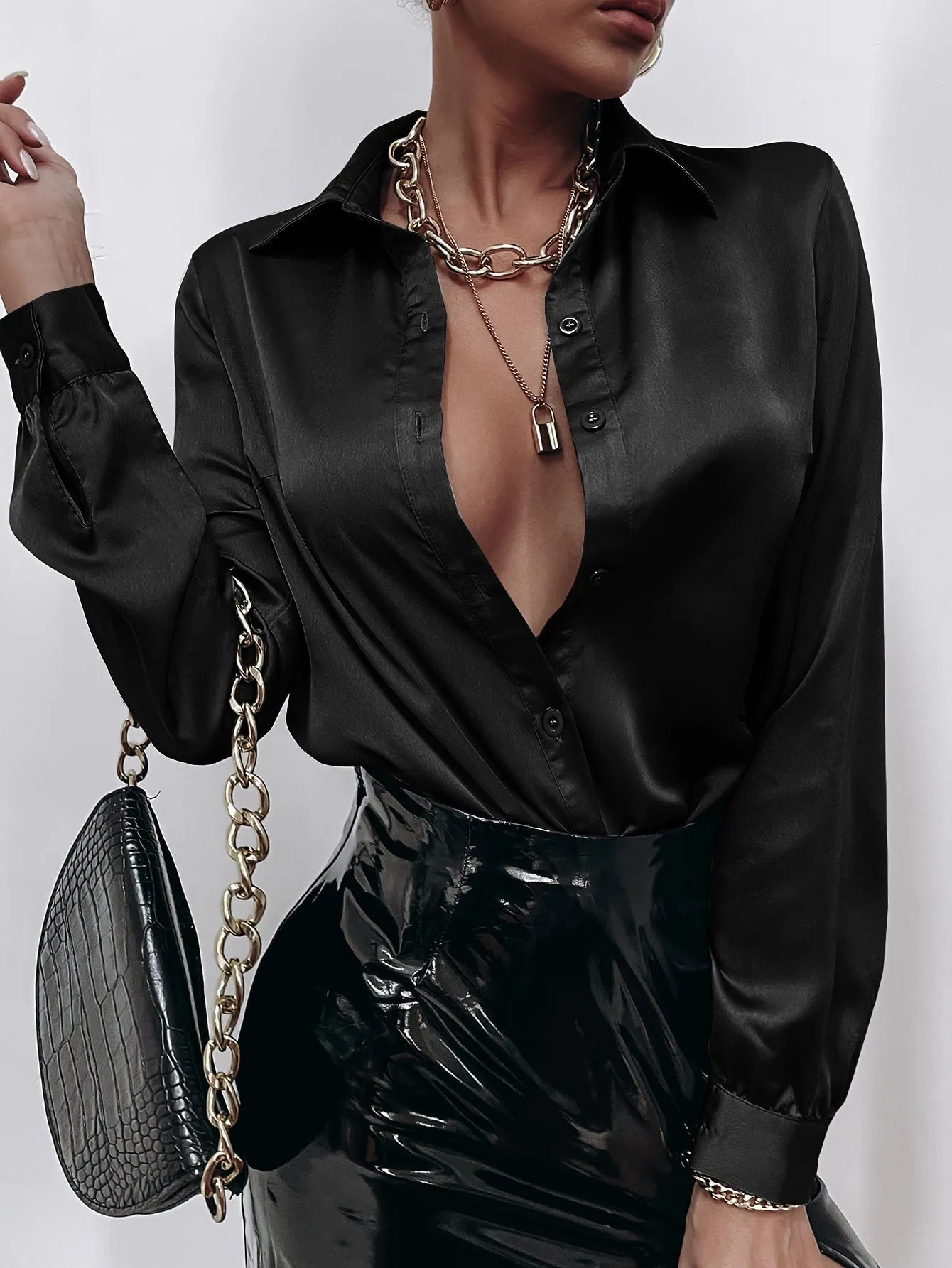 Satin Solid Button Front Shirt