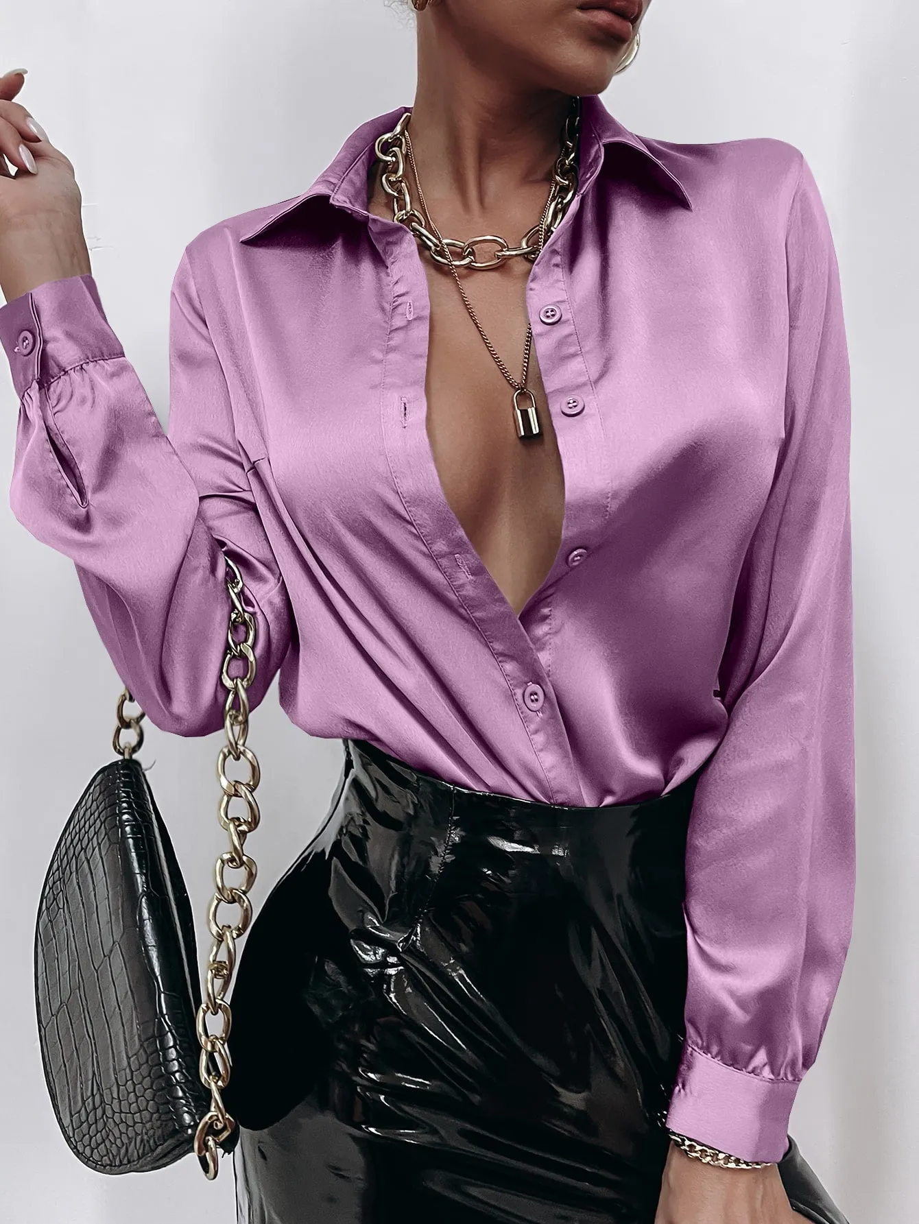 Satin Solid Button Front Shirt