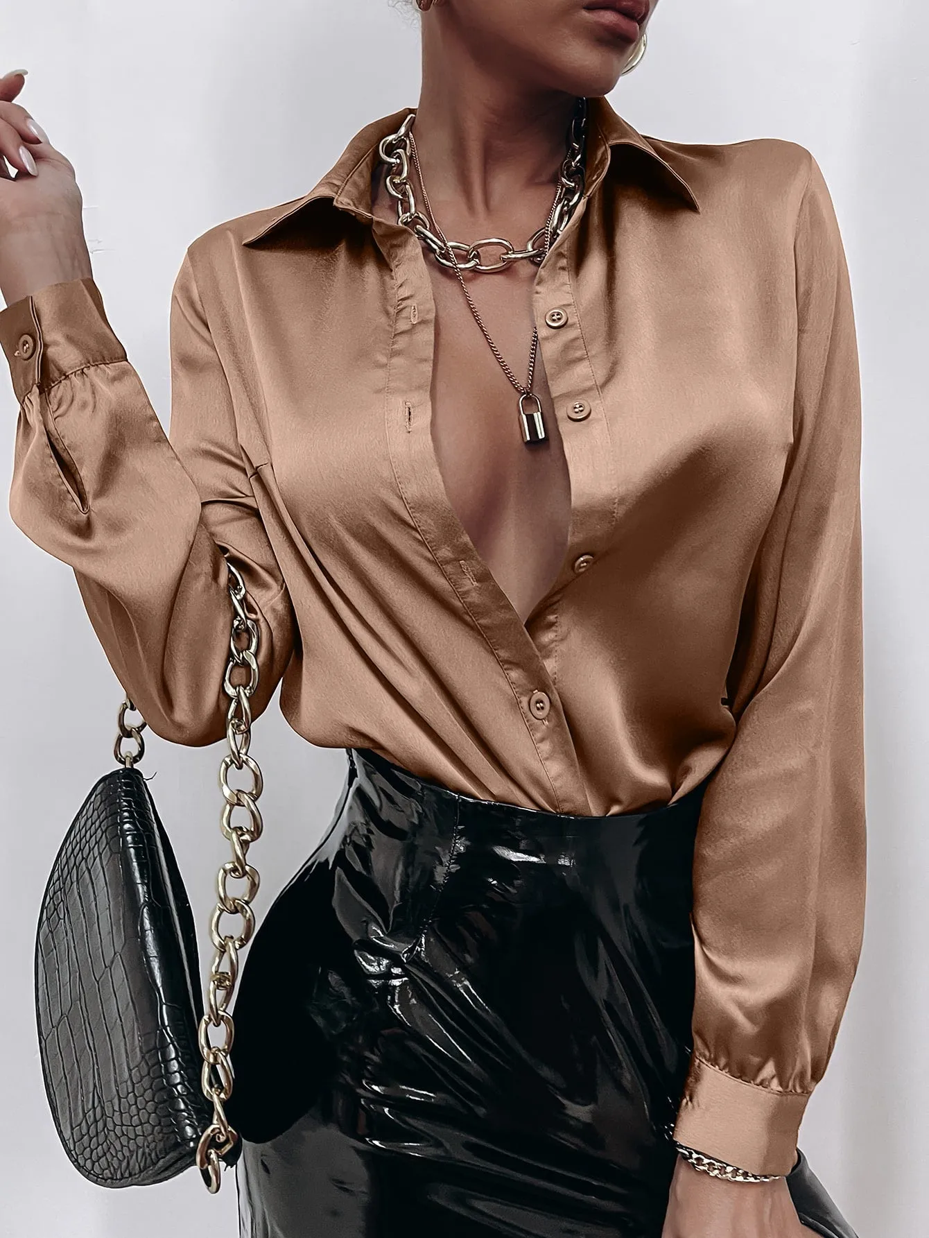 Satin Solid Button Front Shirt