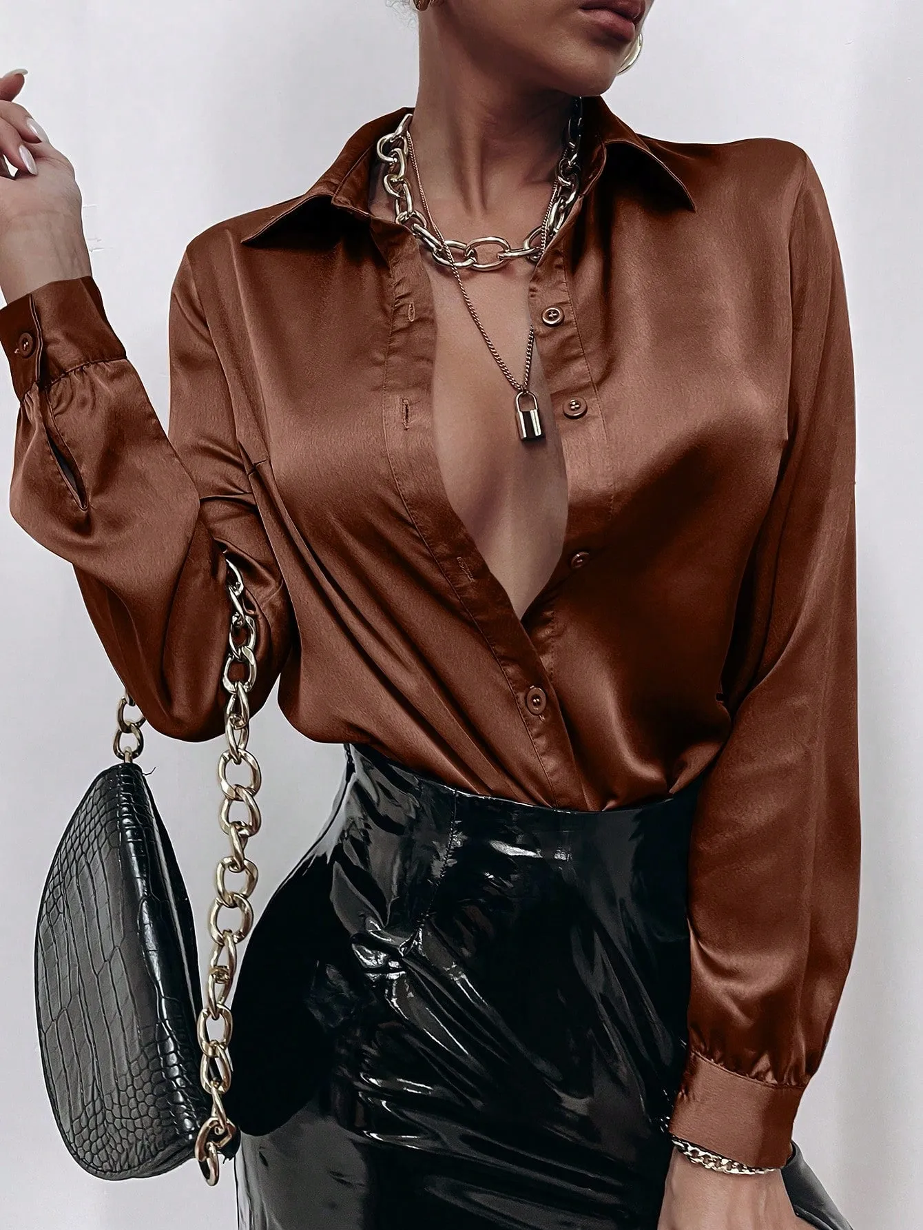 Satin Solid Button Front Shirt