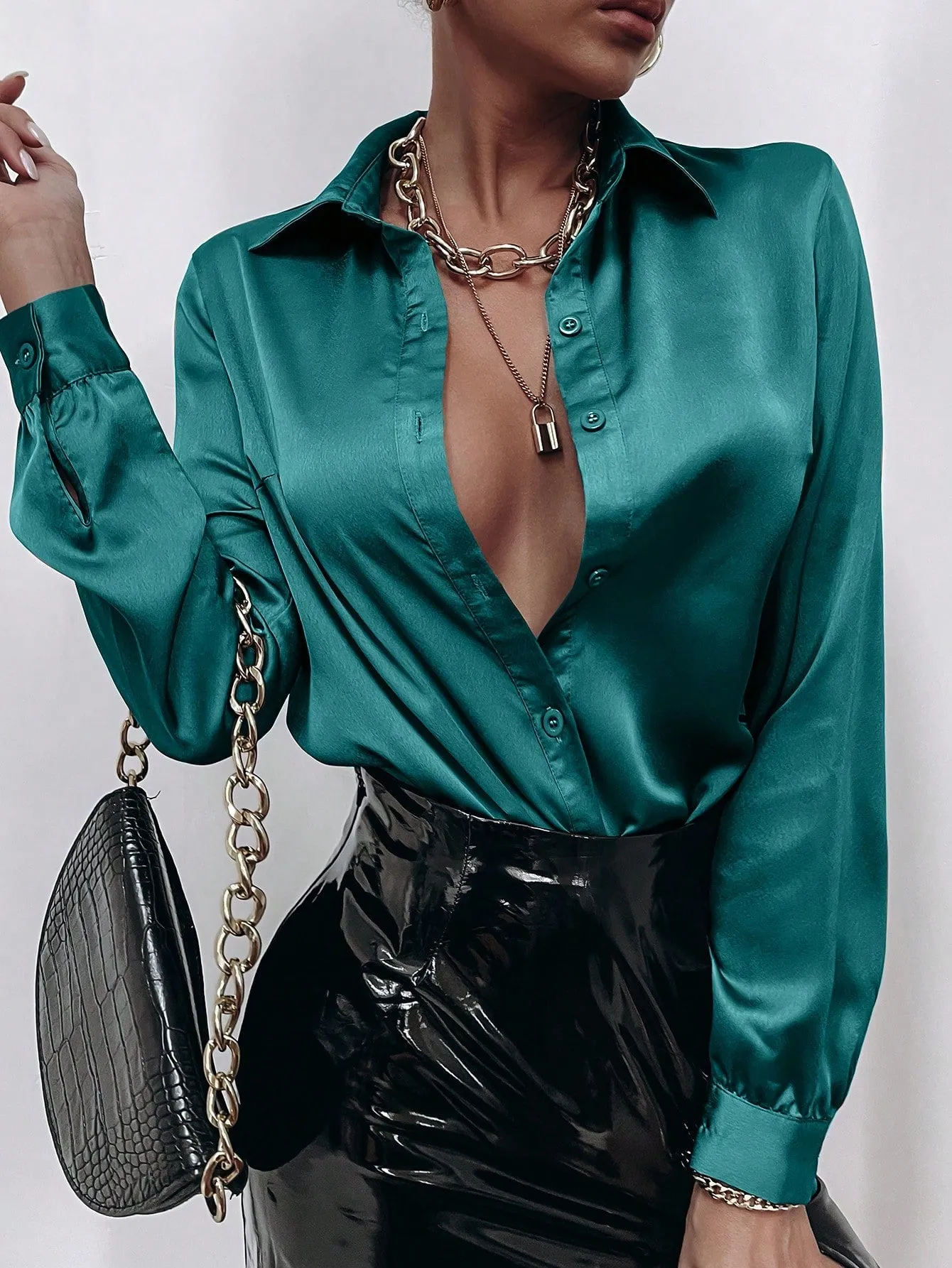 Satin Solid Button Front Shirt