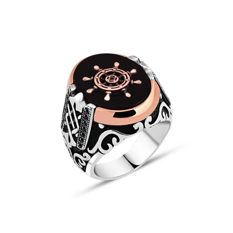 Ship Wheel on Black Ellipse Onyx Stone Silver Men's Ring Siding Braid Pattern and Zircons