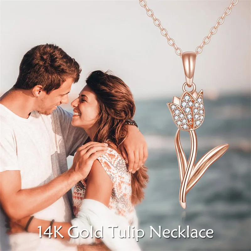 Solid 14K Real Gold Tulip Necklace for Women, Gold Tulip Flower Pendant Necklace Fine Jewelry Birthday Christmas Gifts for Her, 16 2 Inch