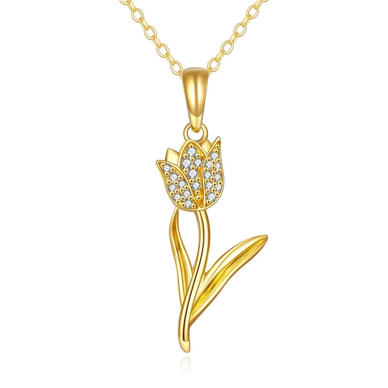 Solid 14K Real Gold Tulip Necklace for Women, Gold Tulip Flower Pendant Necklace Fine Jewelry Birthday Christmas Gifts for Her, 16 2 Inch