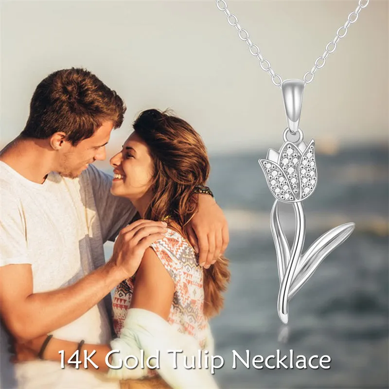 Solid 14K Real Gold Tulip Necklace for Women, Gold Tulip Flower Pendant Necklace Fine Jewelry Birthday Christmas Gifts for Her, 16 2 Inch