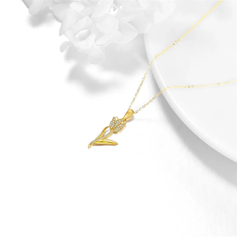 Solid 14K Real Gold Tulip Necklace for Women, Gold Tulip Flower Pendant Necklace Fine Jewelry Birthday Christmas Gifts for Her, 16 2 Inch