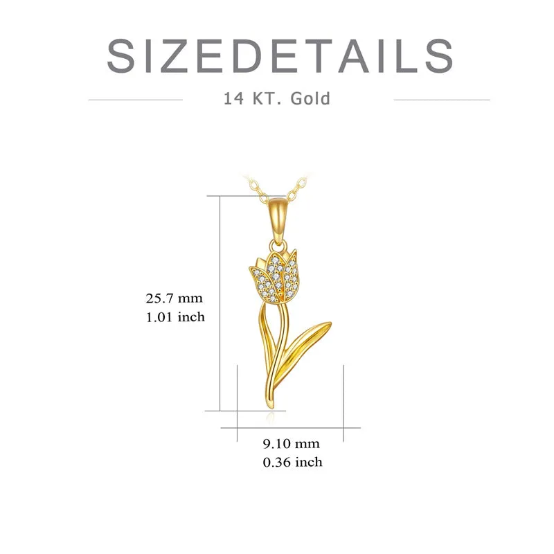 Solid 14K Real Gold Tulip Necklace for Women, Gold Tulip Flower Pendant Necklace Fine Jewelry Birthday Christmas Gifts for Her, 16 2 Inch