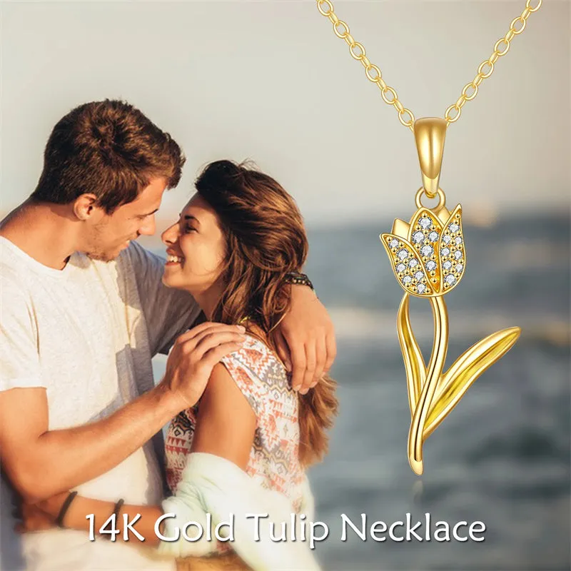 Solid 14K Real Gold Tulip Necklace for Women, Gold Tulip Flower Pendant Necklace Fine Jewelry Birthday Christmas Gifts for Her, 16 2 Inch