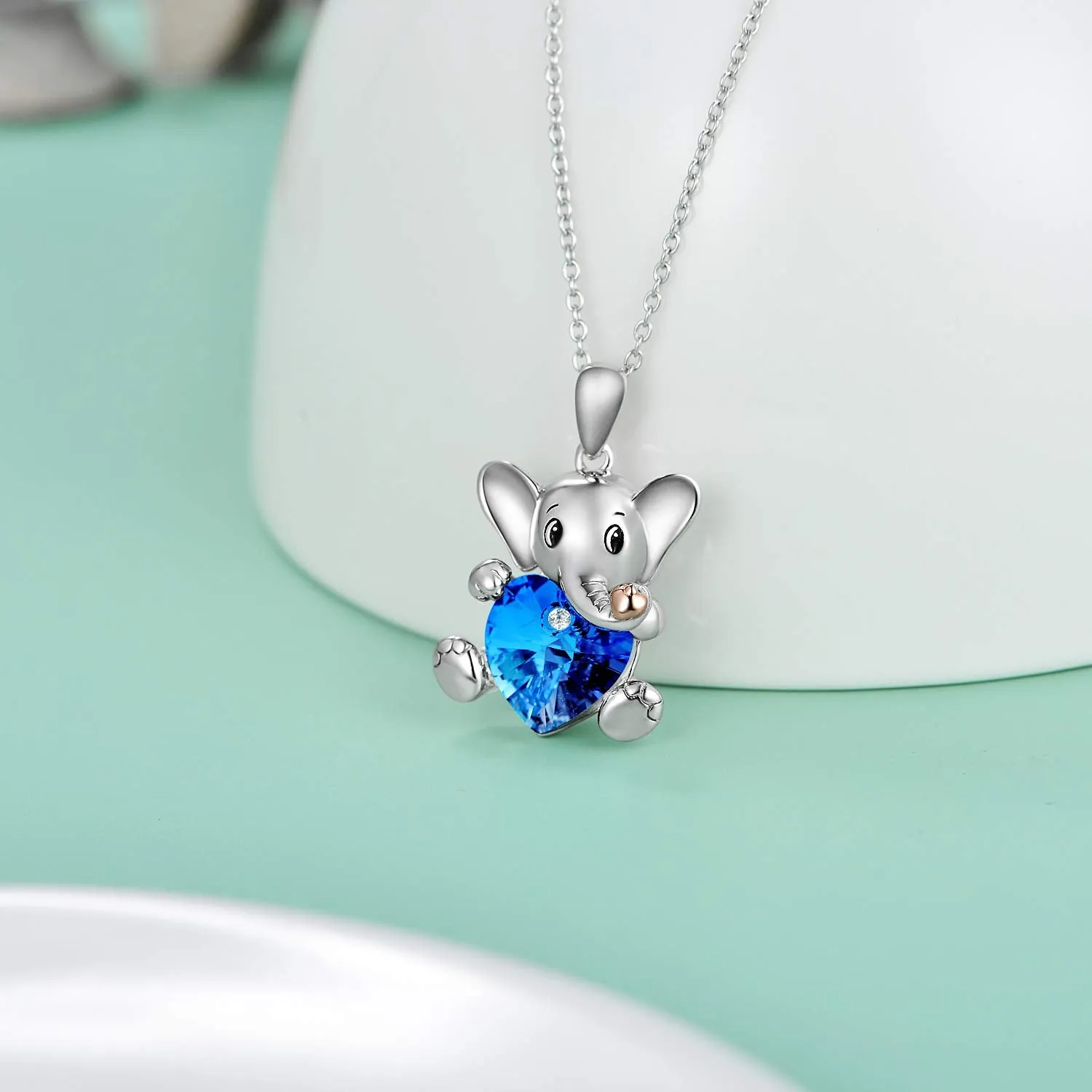 Sterling Silver Elephant Crystal Necklace Cute Animal Heart Pendant Necklace for Women Teen Girls