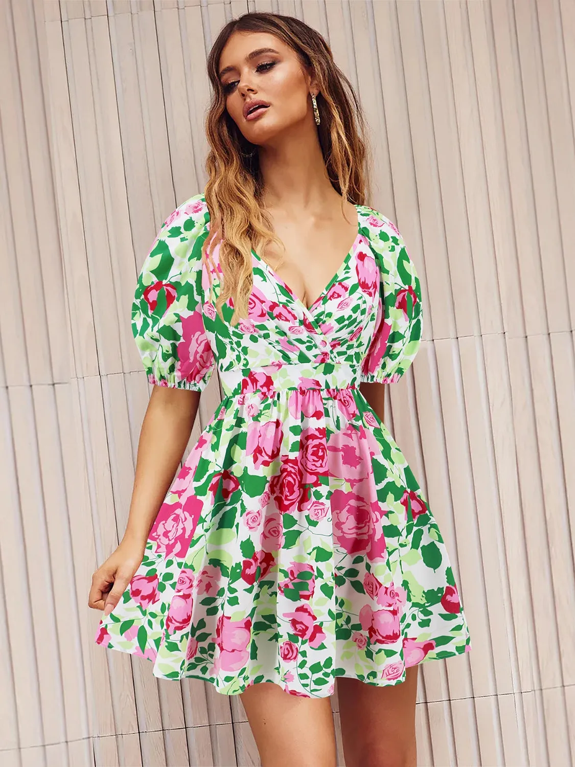 Sunset and Swim  Printed Surplice Short Sleeve Dress