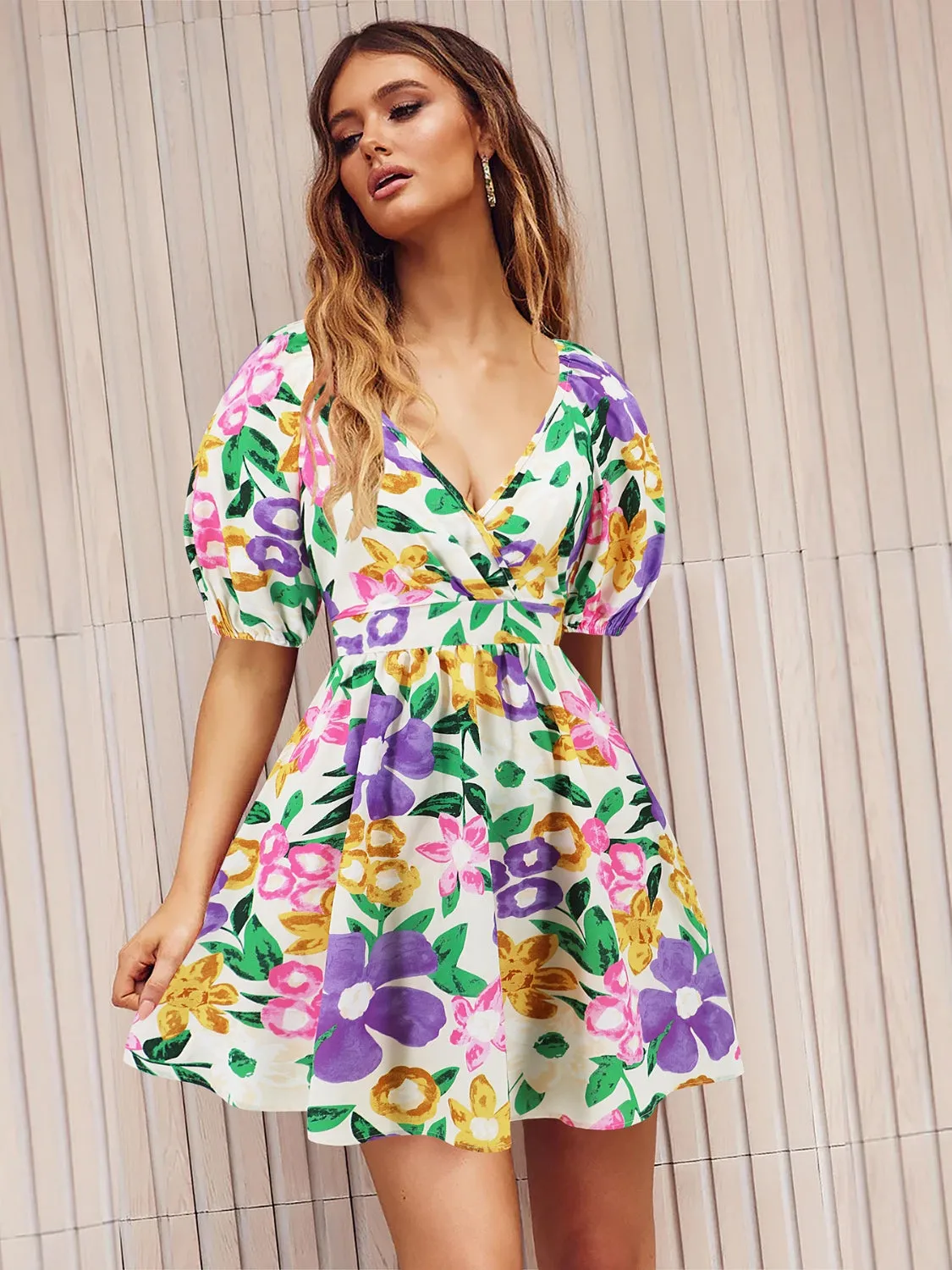 Sunset and Swim  Printed Surplice Short Sleeve Dress