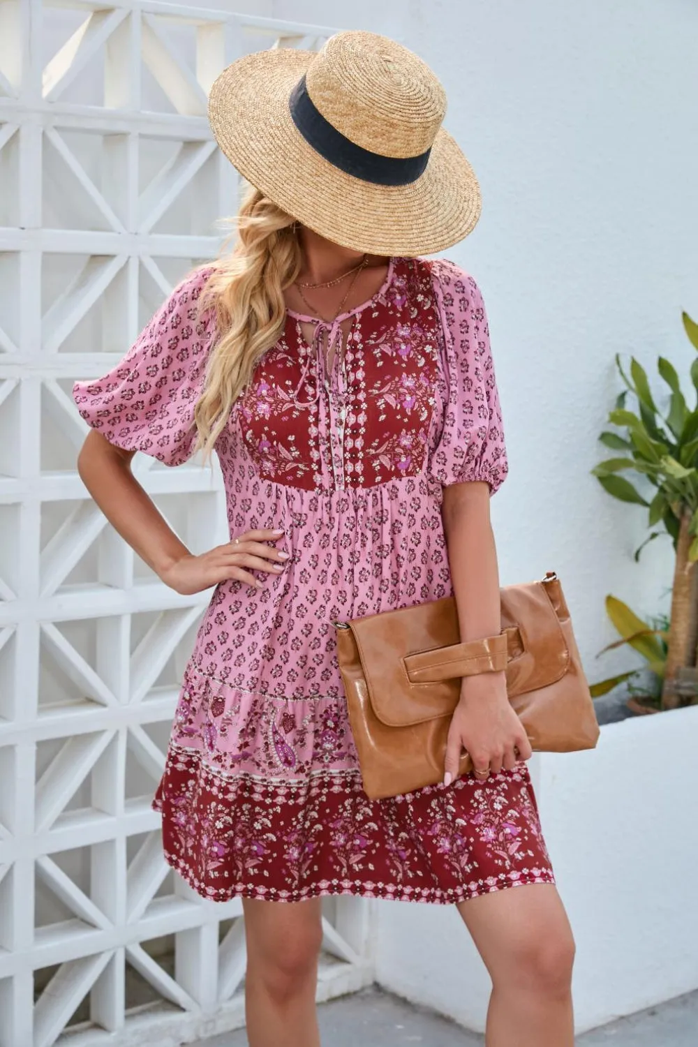 Sunset Vacation Printed Tie Neck Half Sleeve Dress