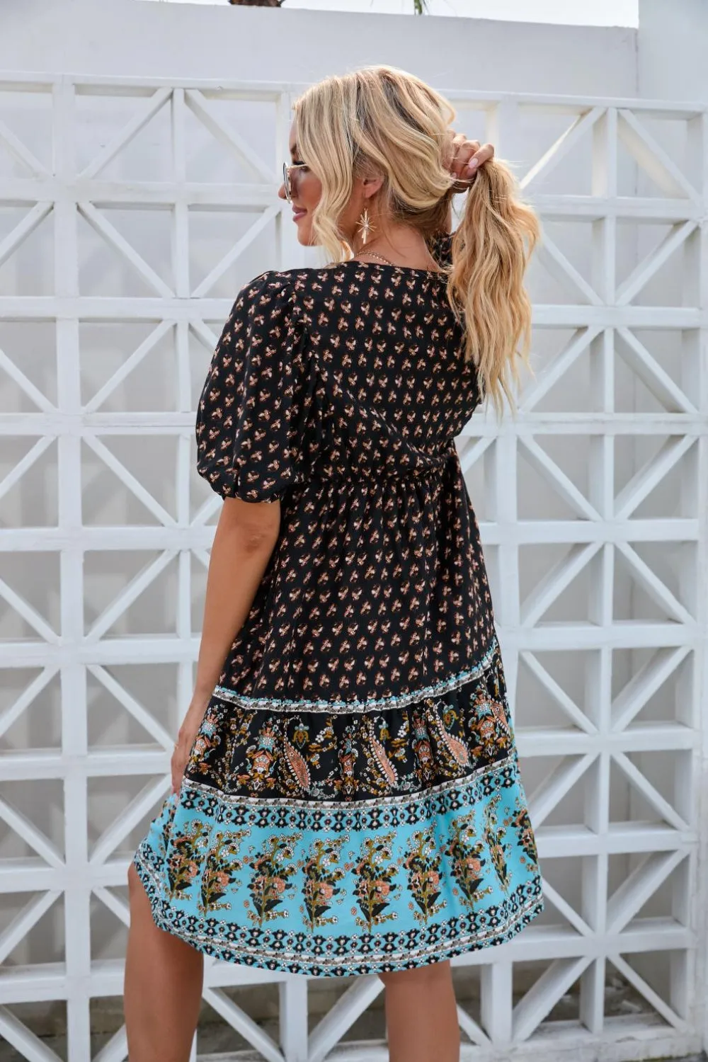 Sunset Vacation Printed Tie Neck Half Sleeve Dress