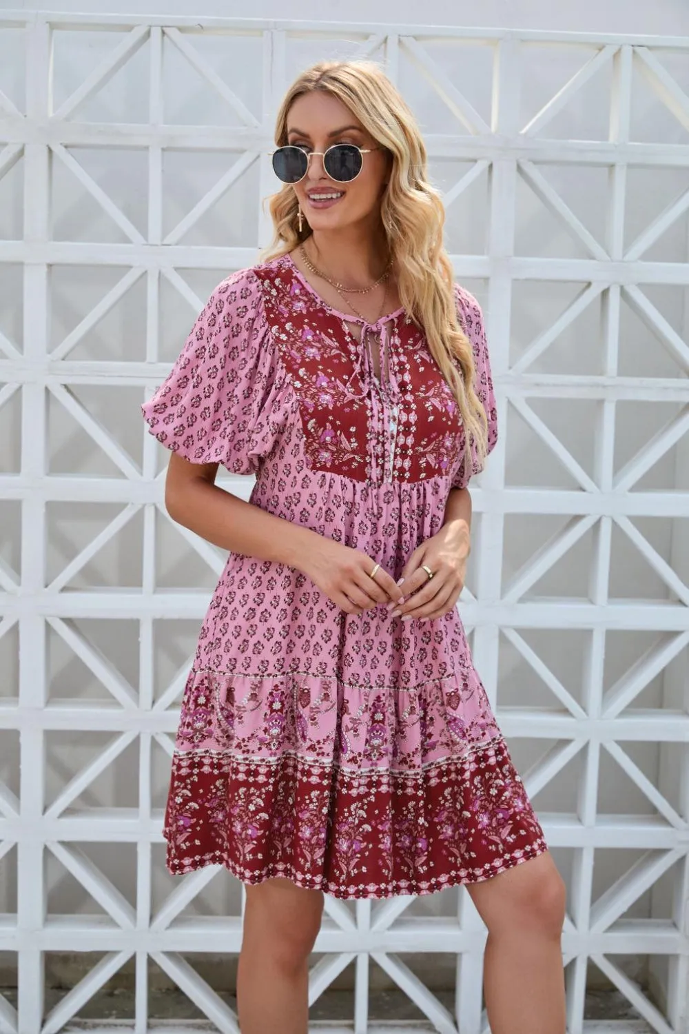 Sunset Vacation Printed Tie Neck Half Sleeve Dress