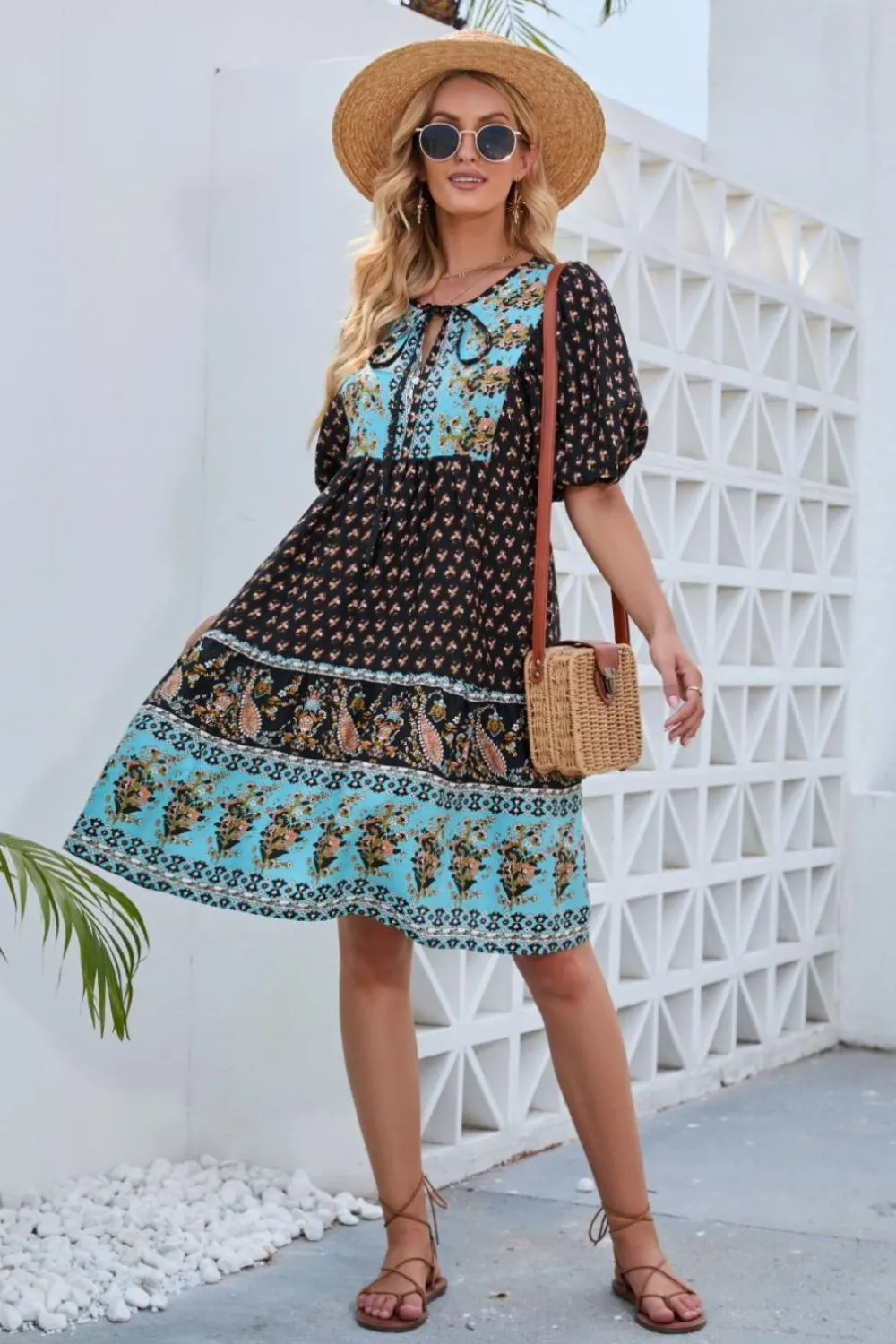 Sunset Vacation Printed Tie Neck Half Sleeve Dress