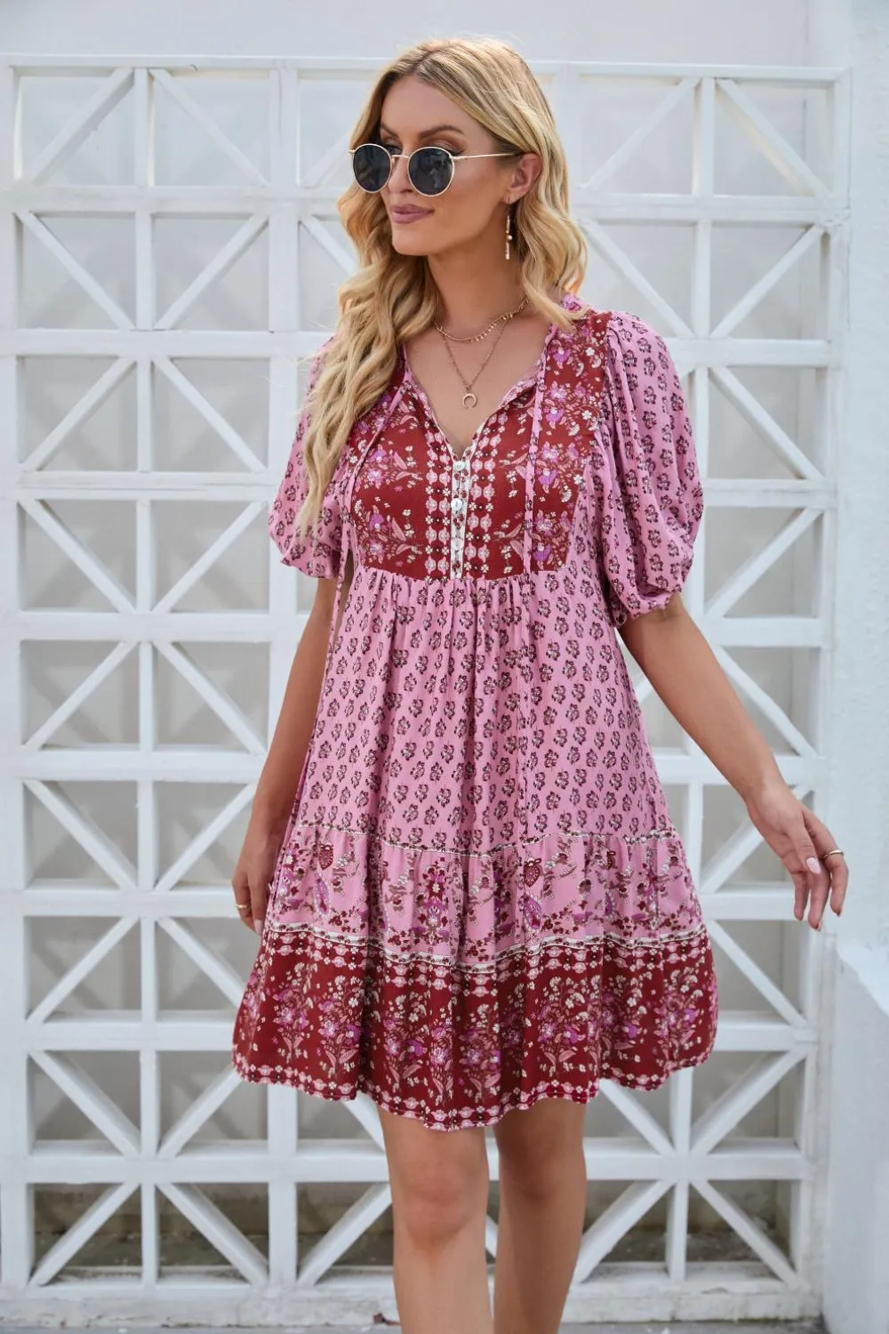 Sunset Vacation Printed Tie Neck Half Sleeve Dress