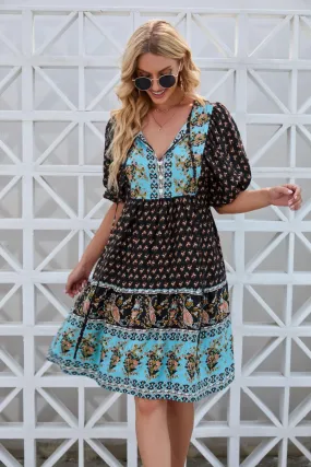 Sunset Vacation Printed Tie Neck Half Sleeve Dress