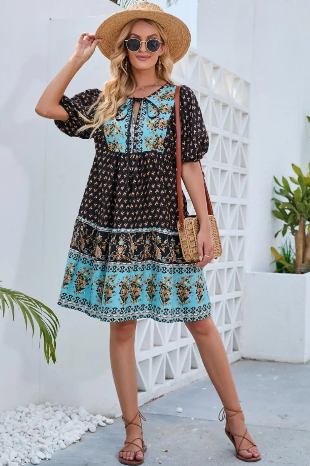 Sunset Vacation Printed Tie Neck Half Sleeve Dress