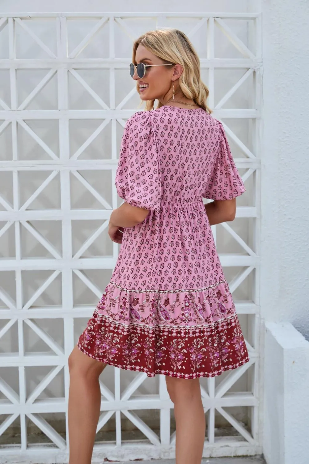 Sunset Vacation Printed Tie Neck Half Sleeve Dress