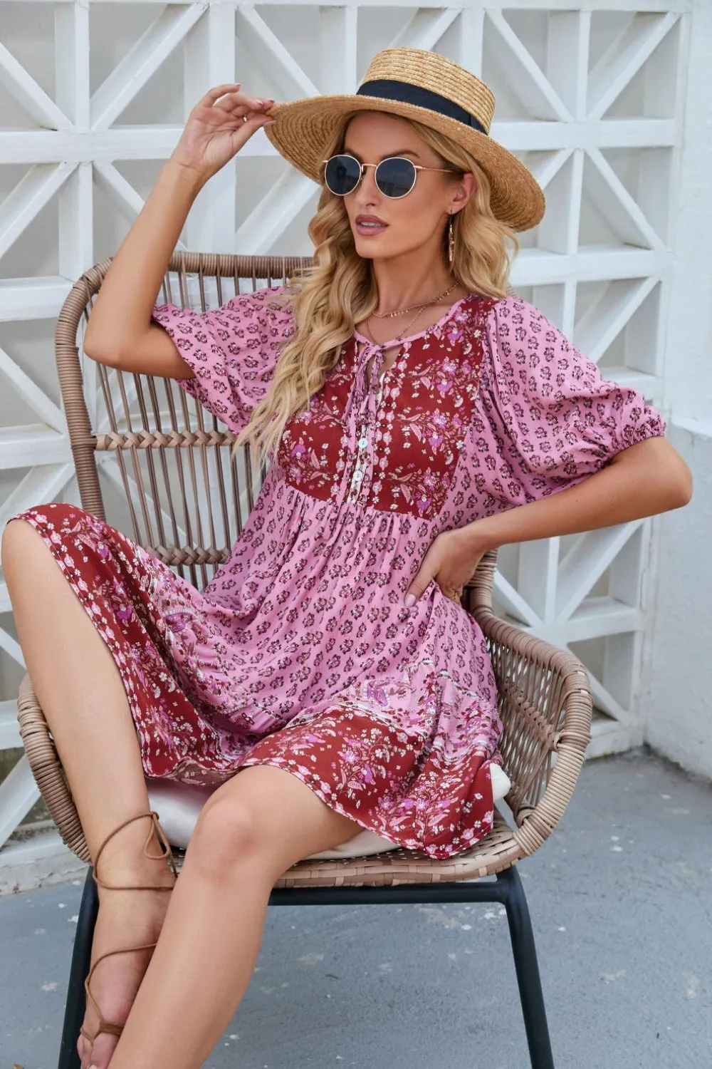 Sunset Vacation Printed Tie Neck Half Sleeve Dress