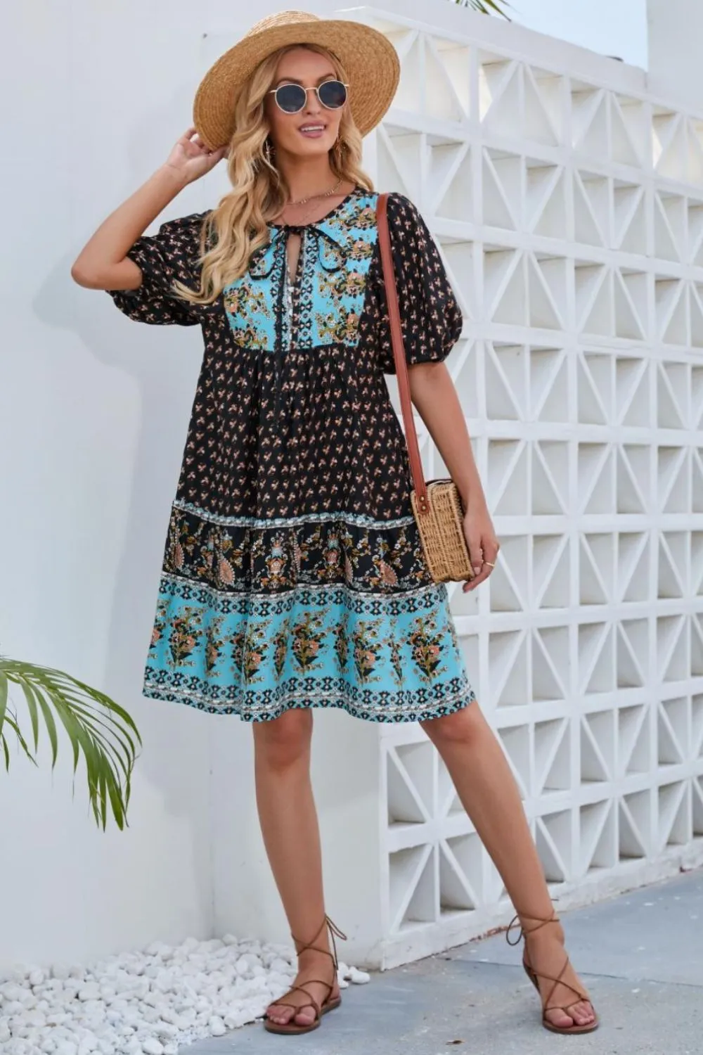 Sunset Vacation Printed Tie Neck Half Sleeve Dress