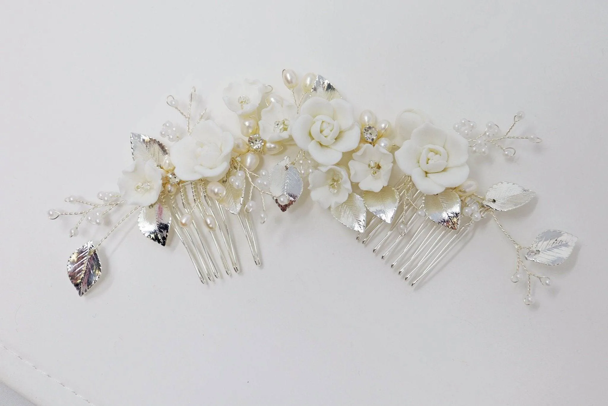 Swarovski Crystals Large Ceramic Flowers & Freshwater Pearls Hair Comb, Bridal Hair piece, Bridal Hair Accessories, Wedding Hair Accessory.