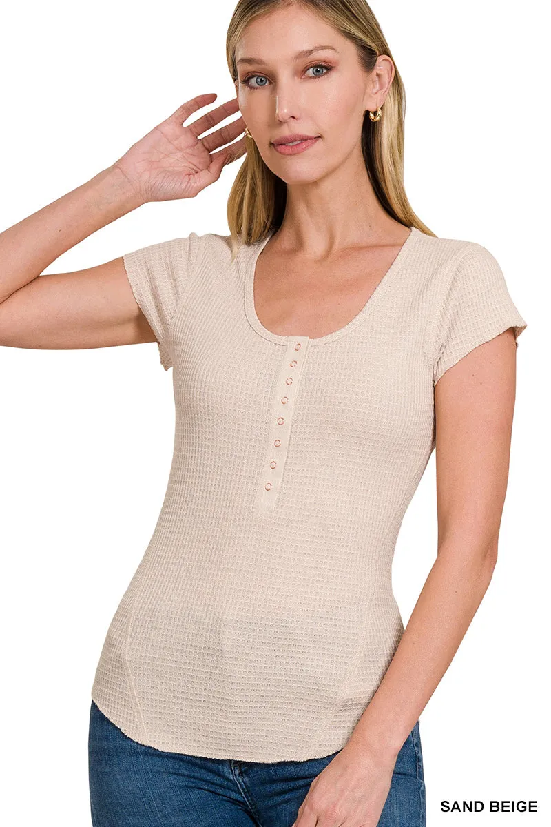 The Krystal Waffle Snap Button Cap Sleeve- Bone